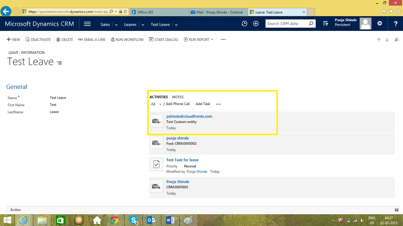 Track Email in Custom Entity Crm View