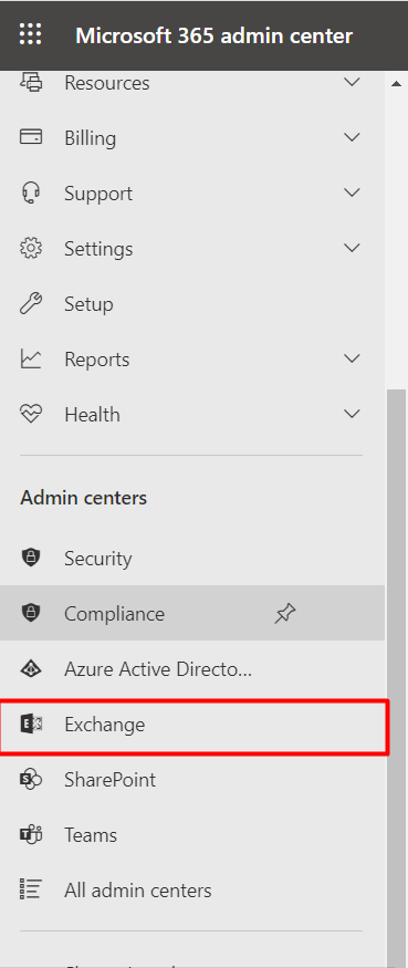 Microsoft 365 admin center 
Resources 
Billing 
Q Support 
Settings 
Setup 
Reports 
Health 
Admin centers 
Security 
Compliance 
$6 
Azure Active Directo... 
Exchange 
SharePoint 
Teams 
All admin centers 