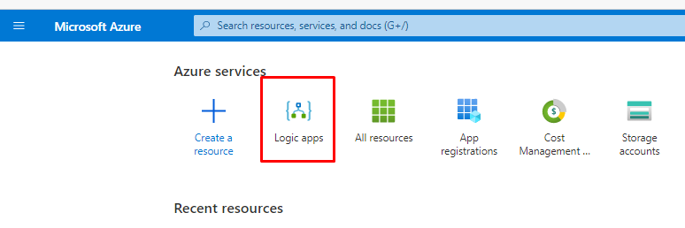 Microsoft Azure 
p Search resources, services, and docs (G+,I 
Azure servic 
Create a 
resource 
Logic apps 
All resources 
App 
registrations 
Management 
Storage 
accounts 
Recent resources 