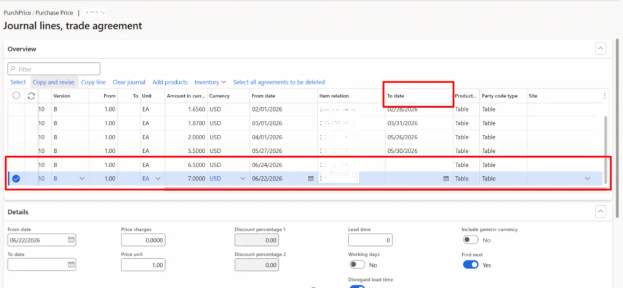 Dynamics 365 Finance and Operations trade agreement screenshot