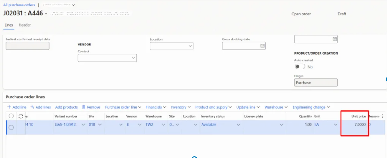 Dynamics 365 Finance and Operations purchase order pricing screenshot