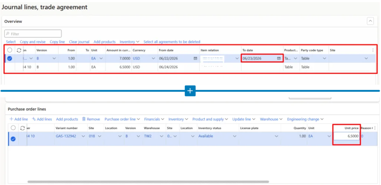 Dynamics 365 Finance and Operations corrected trade agreement date screenshot