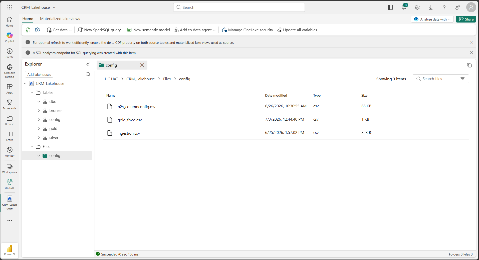 CRM_Lakehouse showing Bronze, Silver, Gold, Config table layers and config folder with three CSV files