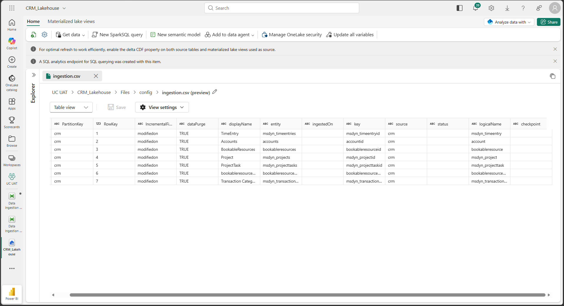 ingestion.csv showing seven entity rows with PartitionKey, IncrementalFilterColumn, key, entity, and logicalName columns