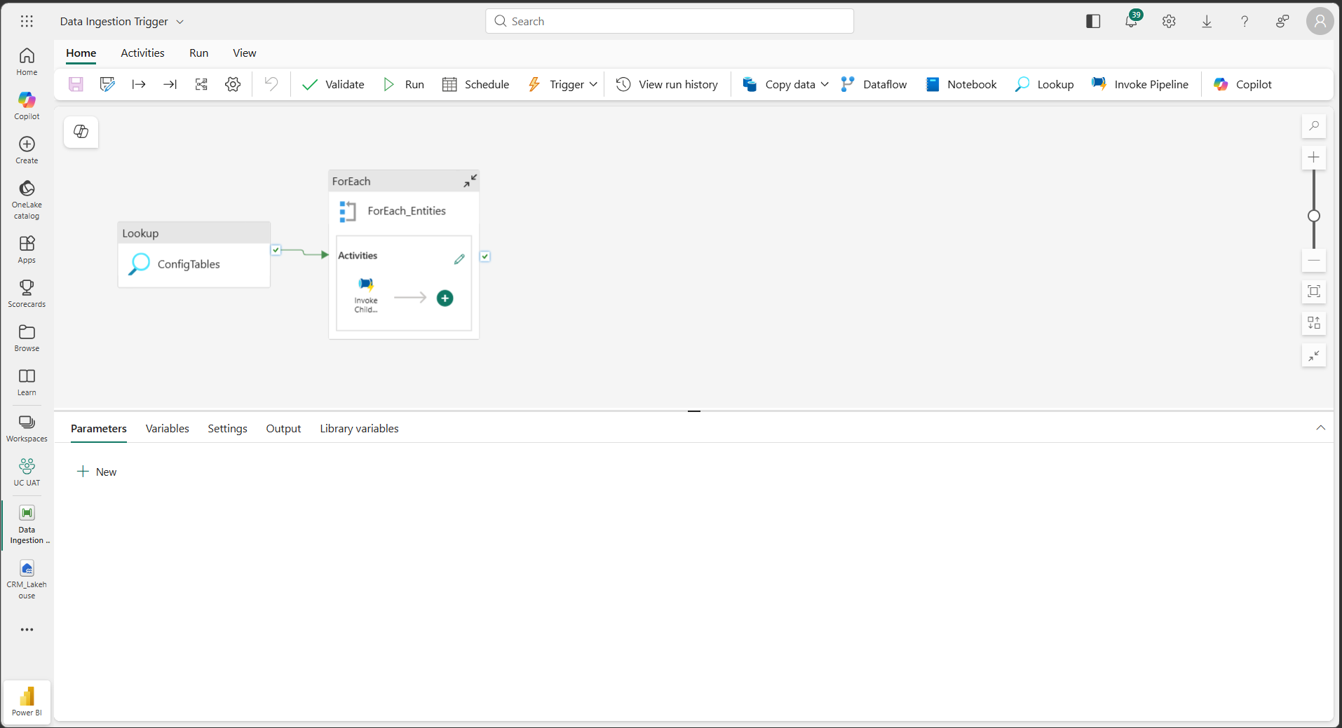 Data Ingestion Trigger pipeline showing Lookup ConfigTables connected to ForEach Entities which invokes child pipeline