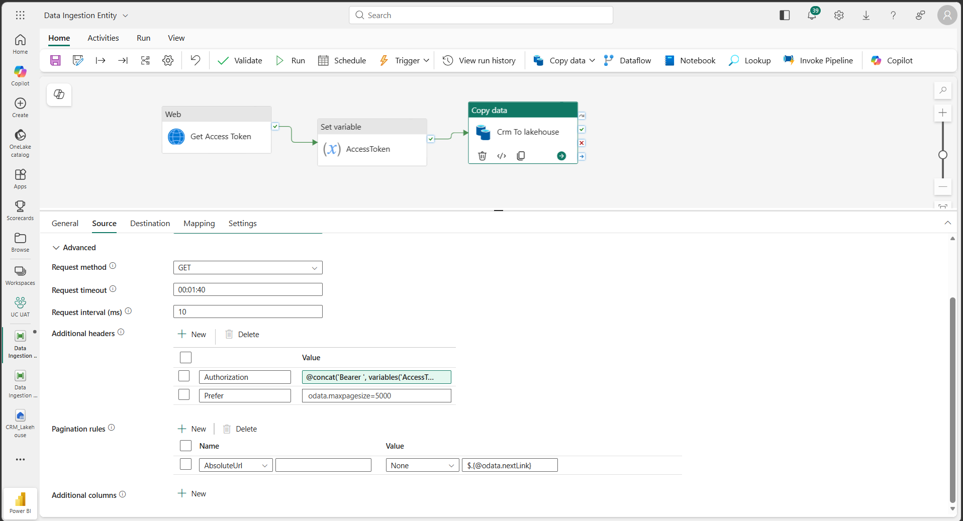Copy data Source tab showing odata.maxpagesize=5000 header and AbsoluteUrl pagination rule using odata.nextLink