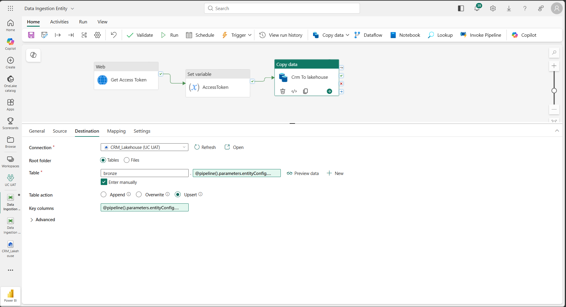 Copy data Destination tab showing Upsert table action selected and key columns bound to pipeline entityConfig parameter