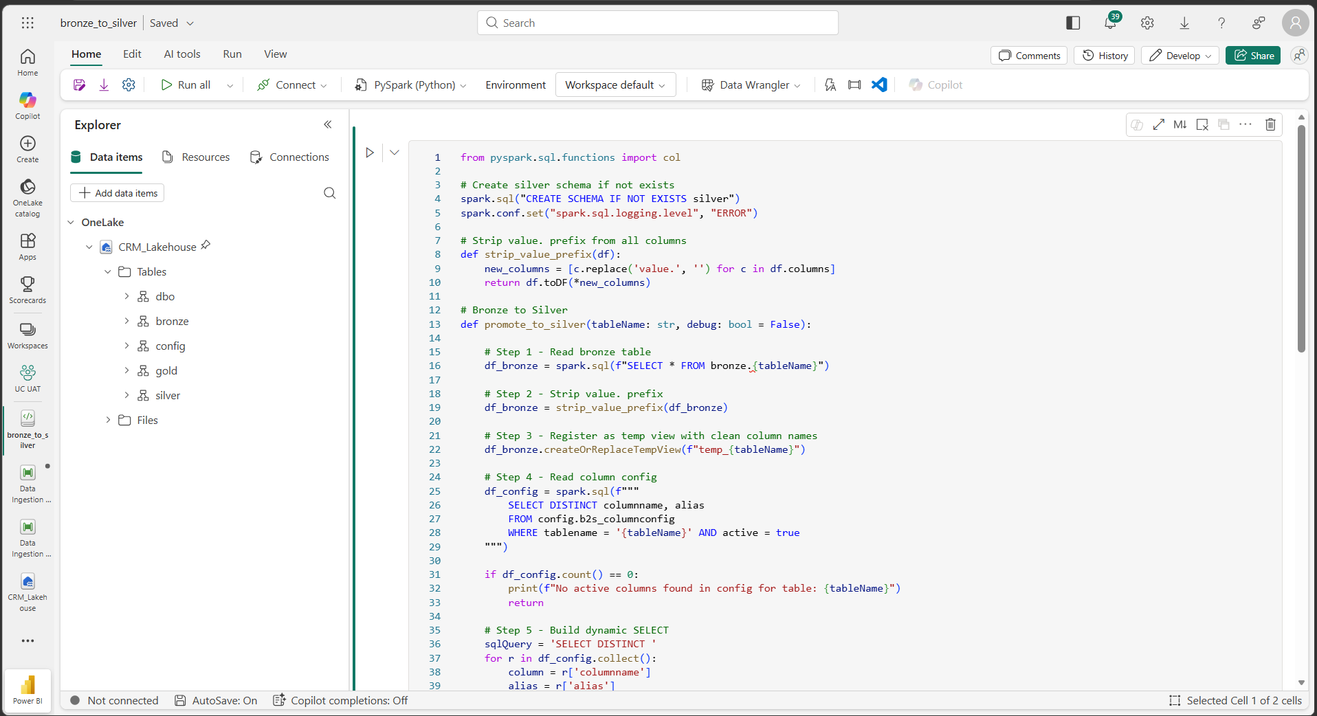 bronze_to_silver PySpark notebook showing promote_to_silver function reading Bronze table and applying column config