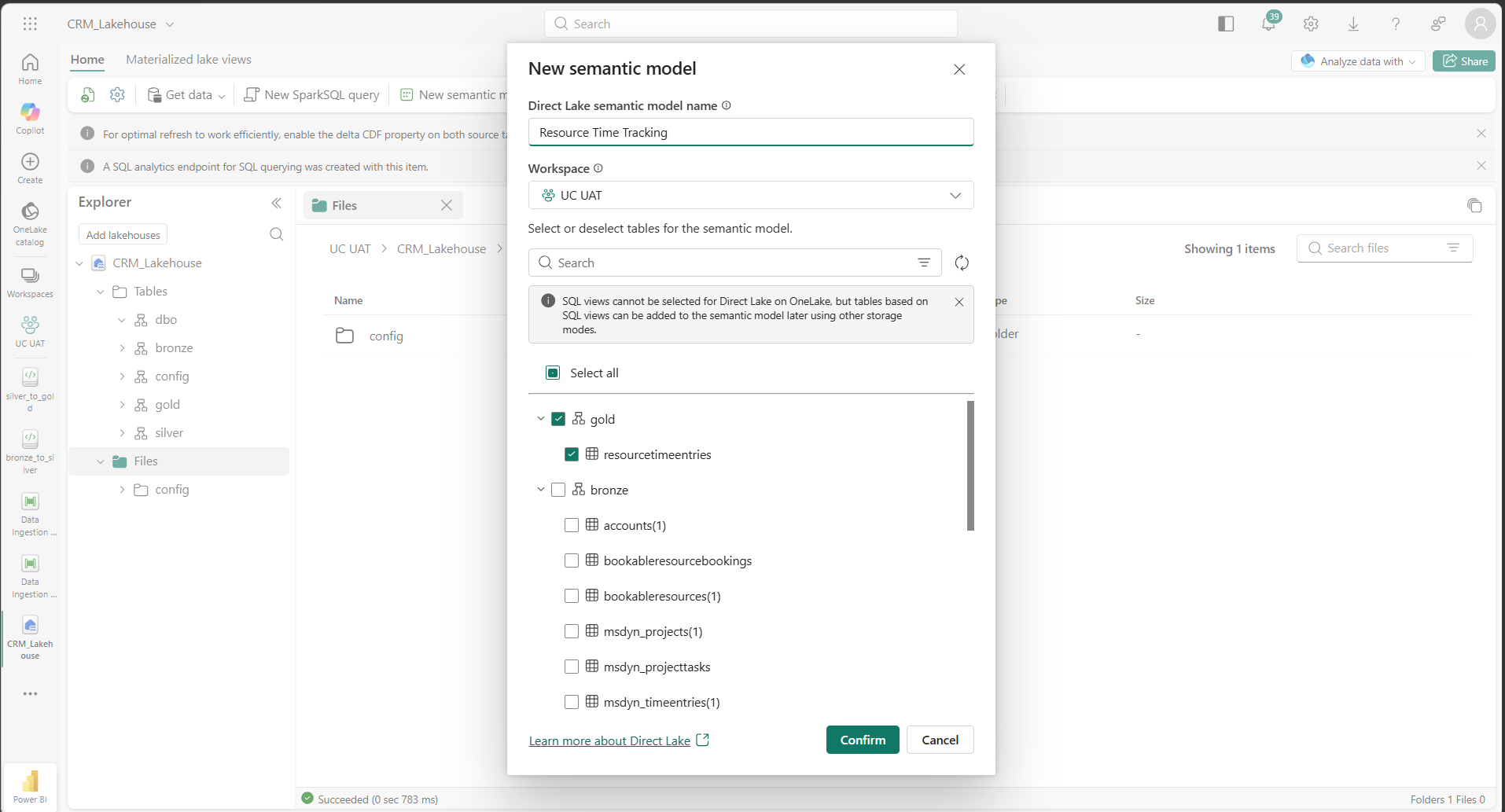 New semantic model dialog showing Resource Time Tracking with only Gold resourcetimeentries table selected