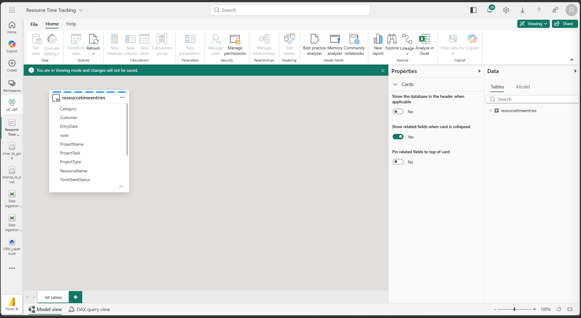 Resource Time Tracking semantic model in Power BI model view showing Gold layer fields