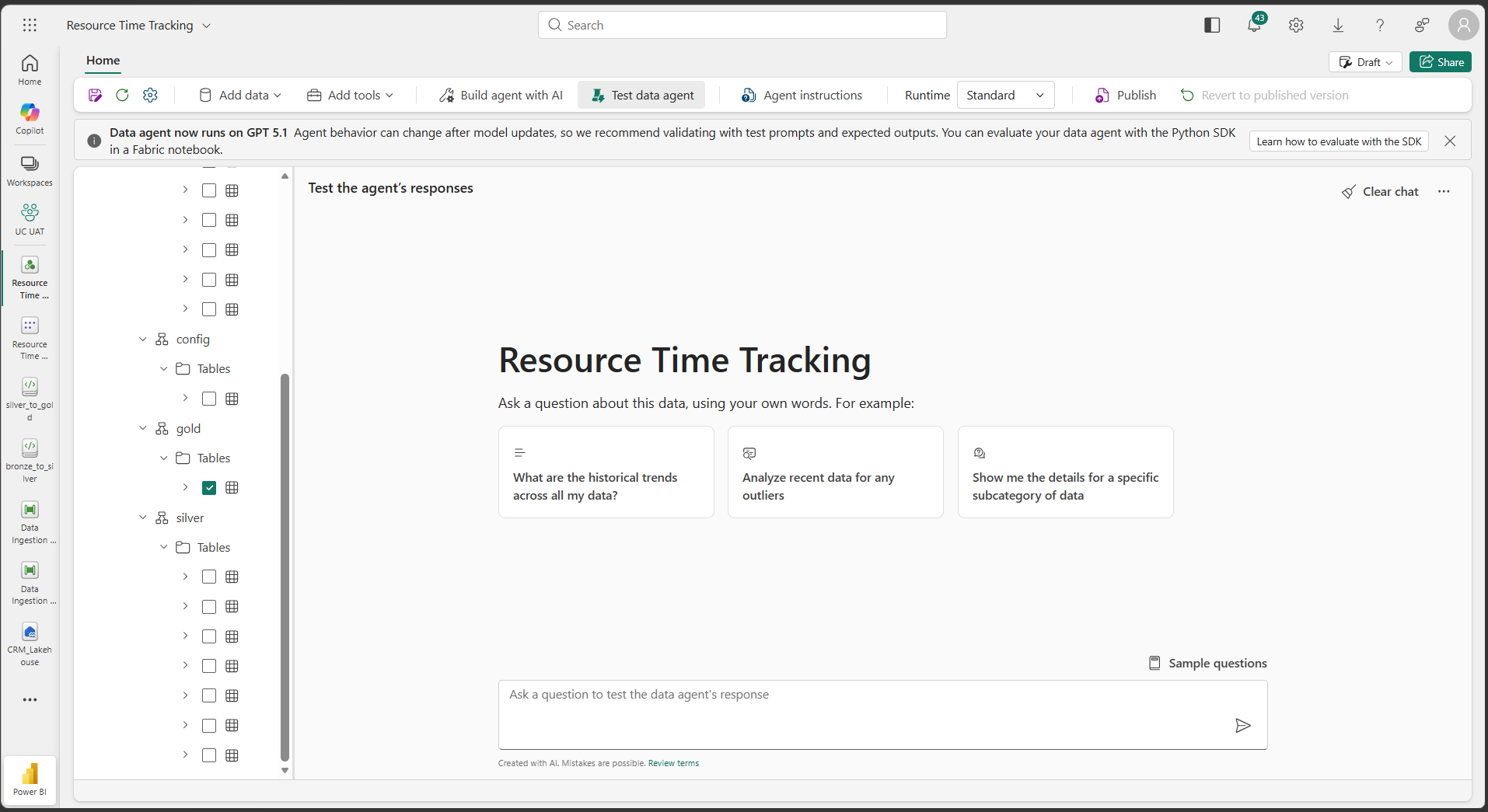 Resource Time Tracking Fabric Data Agent showing conversational chat interface with sample prompts on Gold layer data