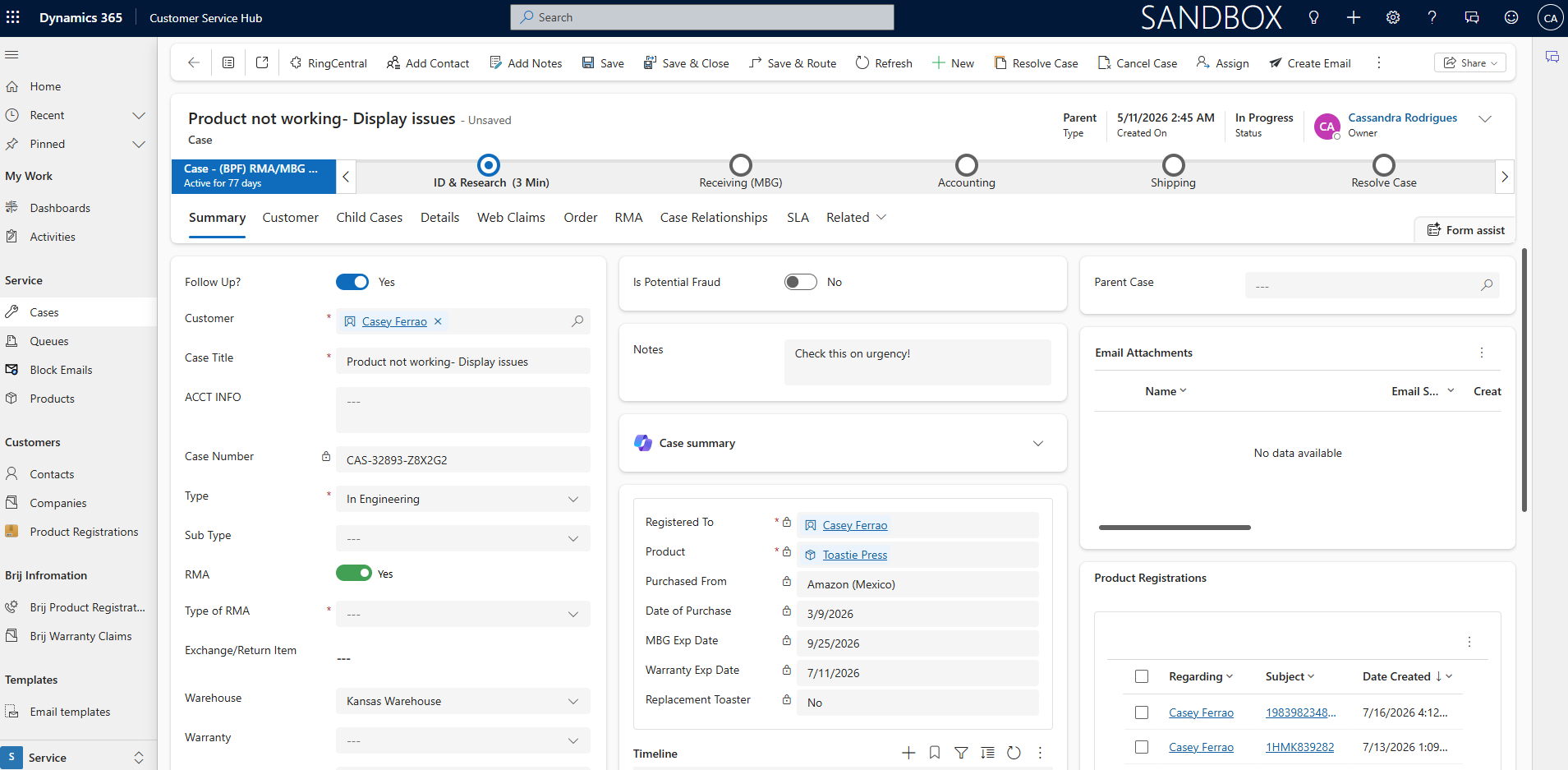 Sample Dynamics 365 Customer Service Case showing RMA, warehouse, warranty, Sales Order ID, shipment method, location, and exchanged products