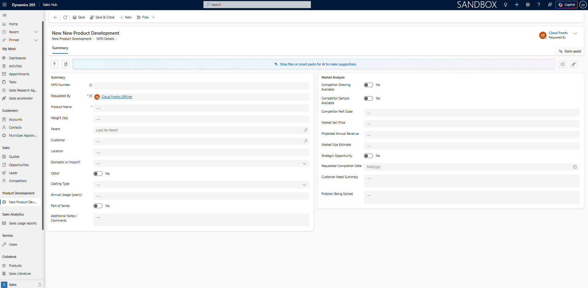 Simple Intake form for creating a New Product Development request in Microsoft Dynamics 365