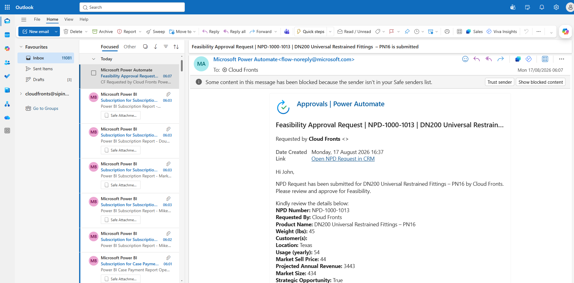 Power Automate approval for a New Product Development request