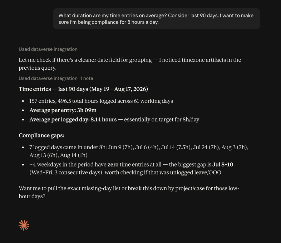 Claude and Dataverse MCP conversation reviewing time entry compliance over the last 90 days