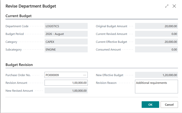 Finance budget revision process for an over-budget Purchase Order in Business Central