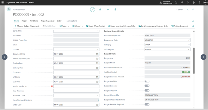 Business Central Purchase Order showing budget exceeded amount and budget revision required