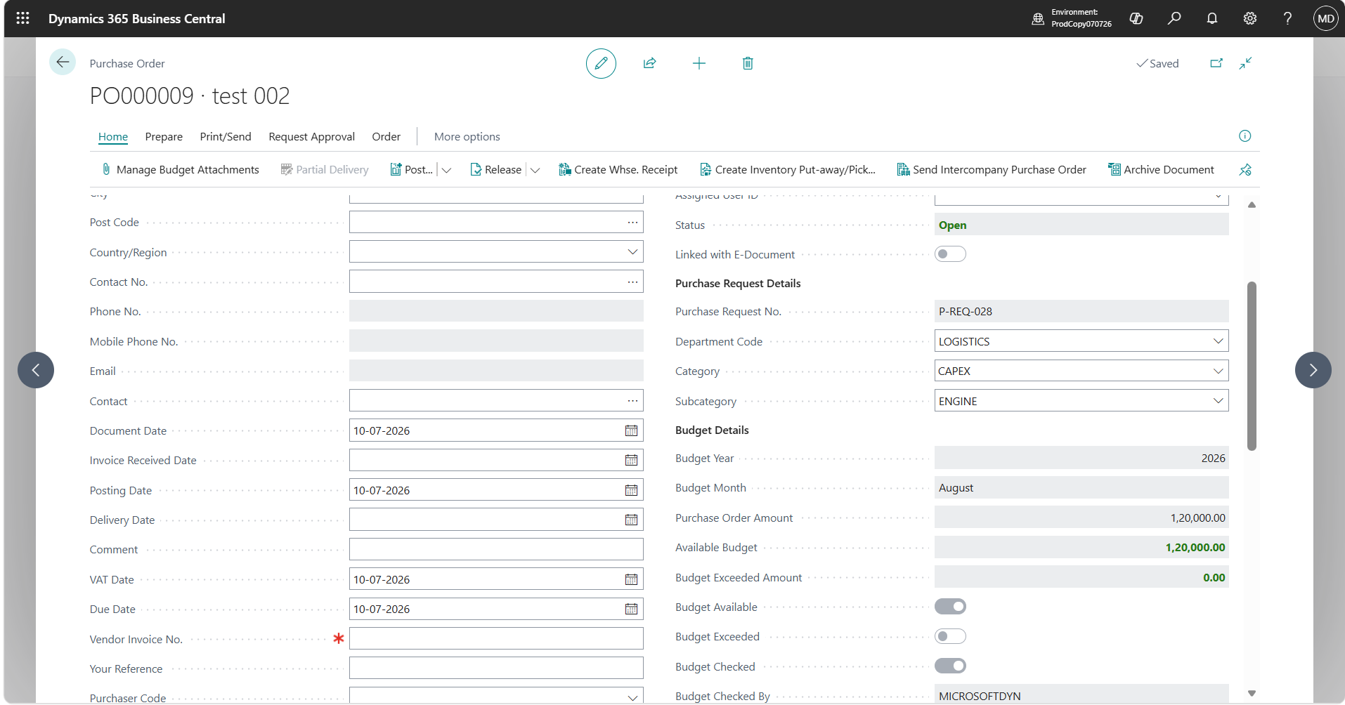 Business Central Purchase Order showing budget consumption and available budget