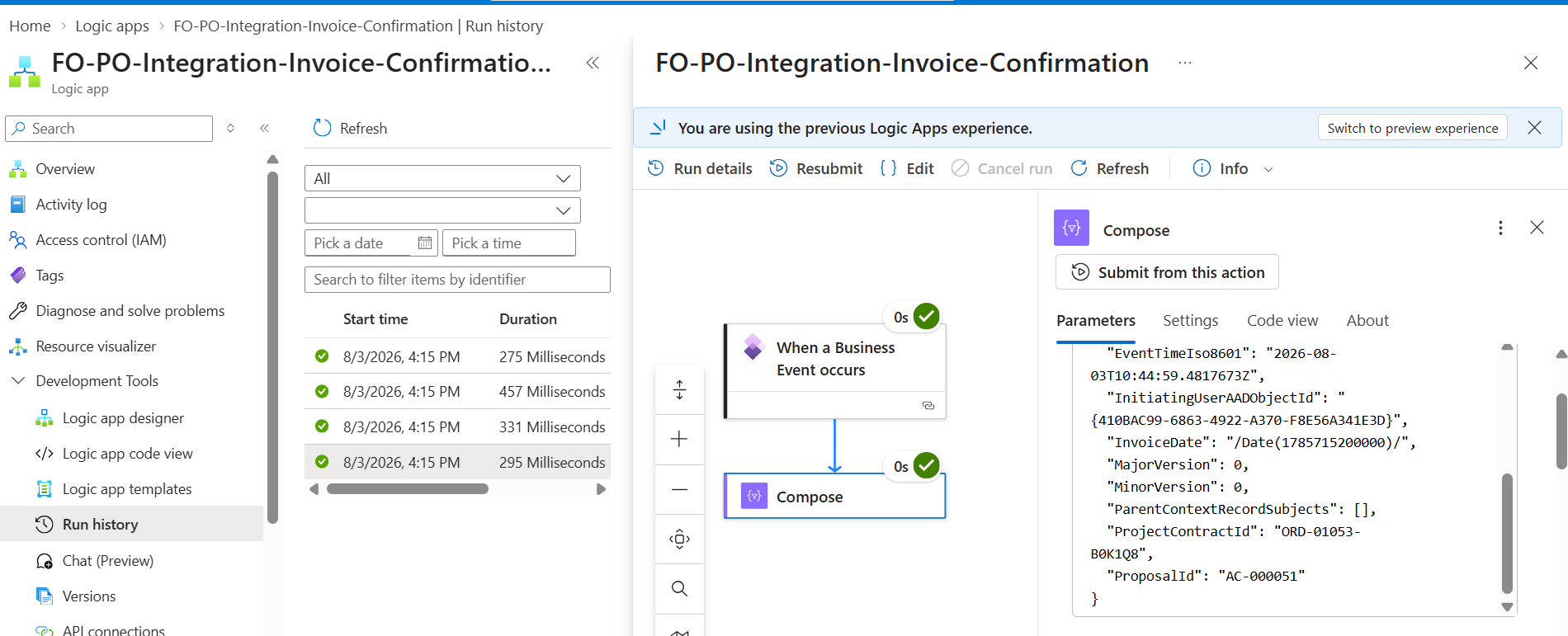 Logic App Run History &mdash; Successful Triggers and Compose Output with Payload