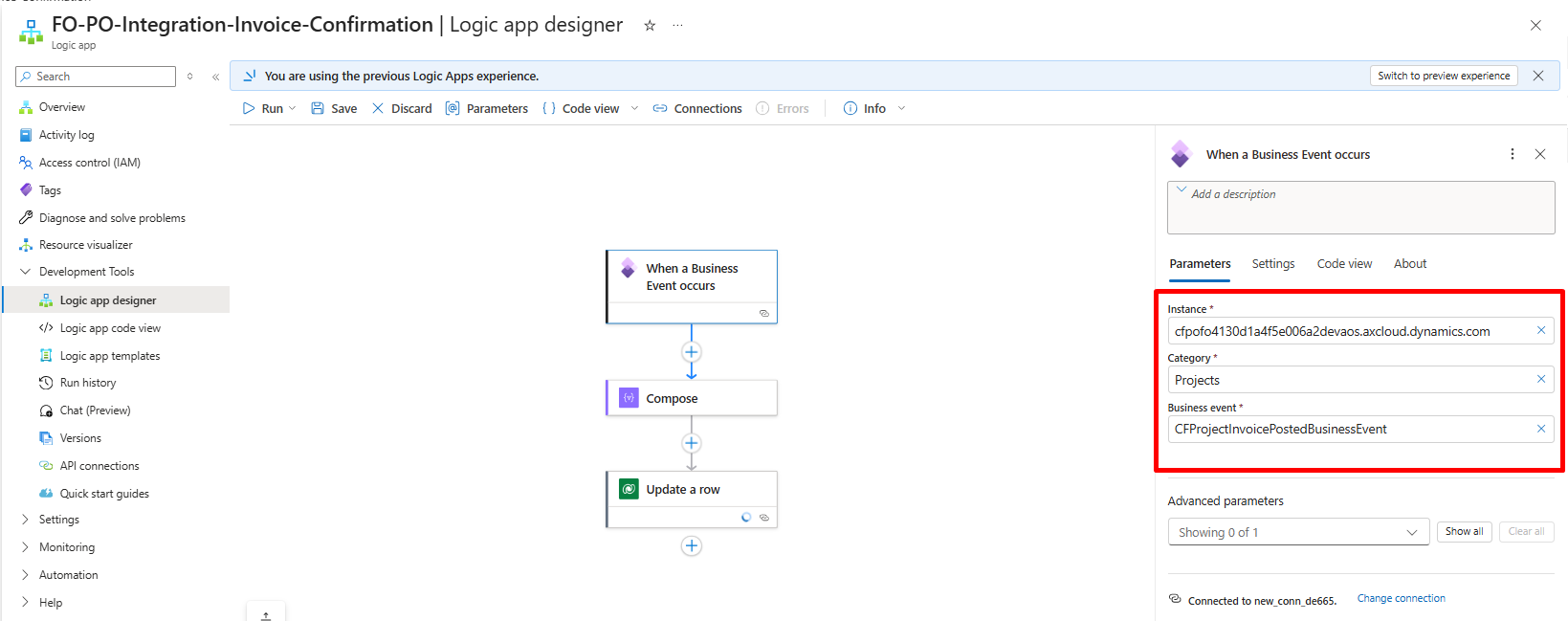 Invoice Posting Flow &mdash; F&O to Business Event to Logic App