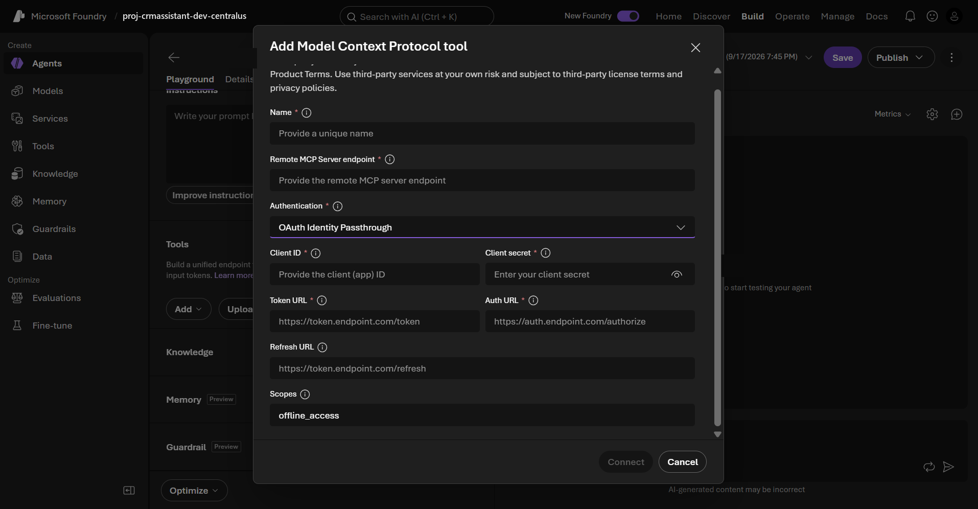 Figure 4: The empty Add Model Context Protocol tool dialog showing its placeholder values.