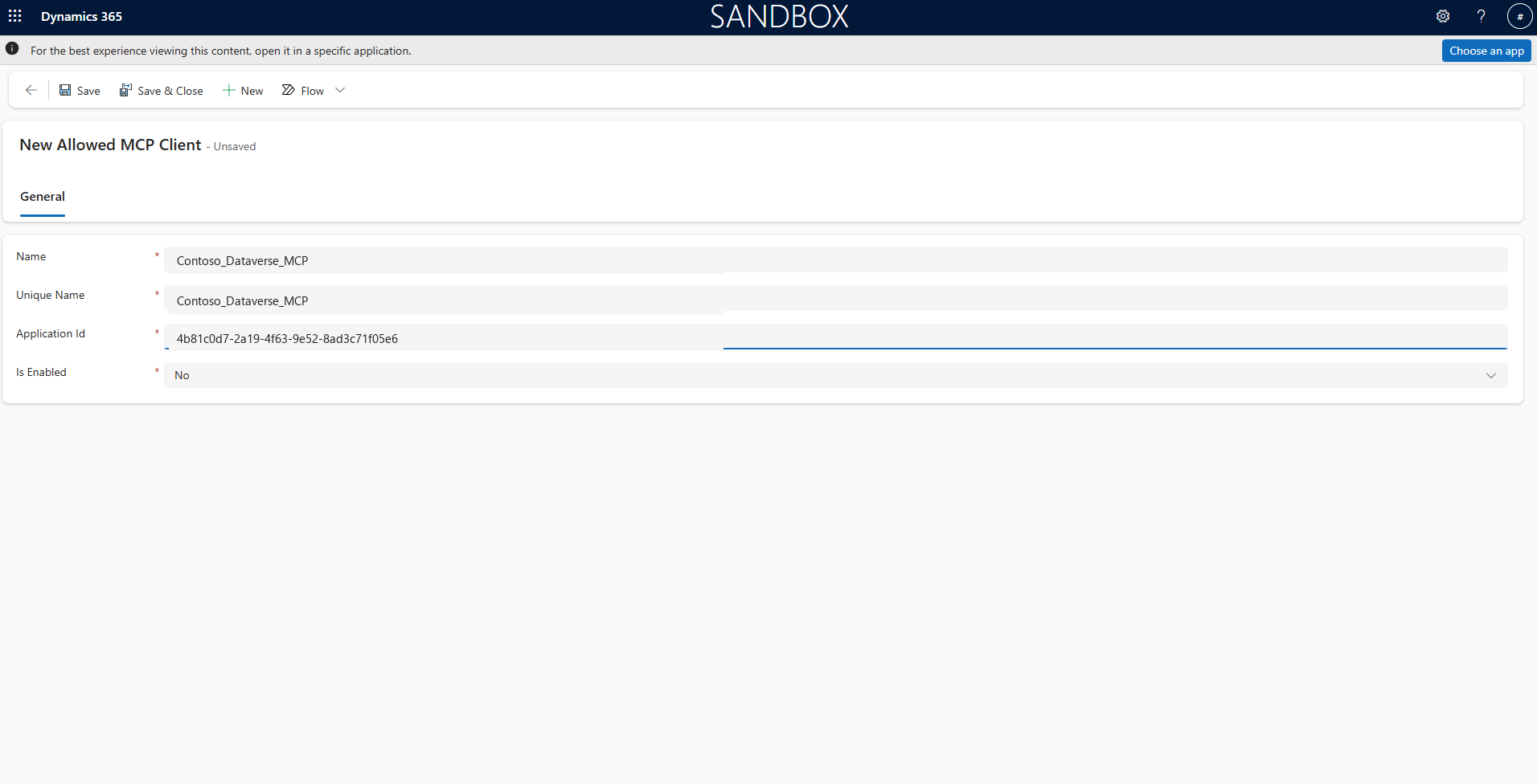 Figure 1: The New Allowed MCP Client form in Dynamics 365, showing Name, Unique Name, Application Id and Is Enabled.