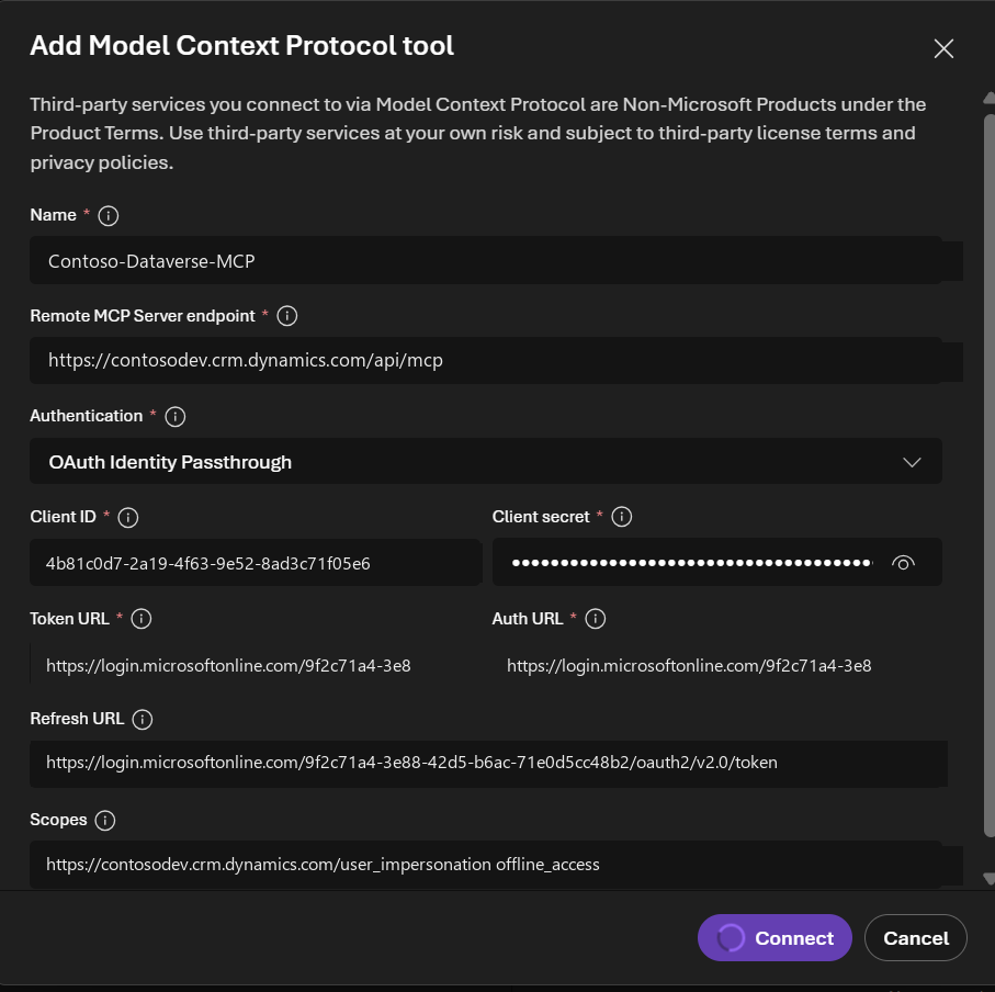 Figure 5: The completed Add Model Context Protocol tool dialog configured for Dataverse.