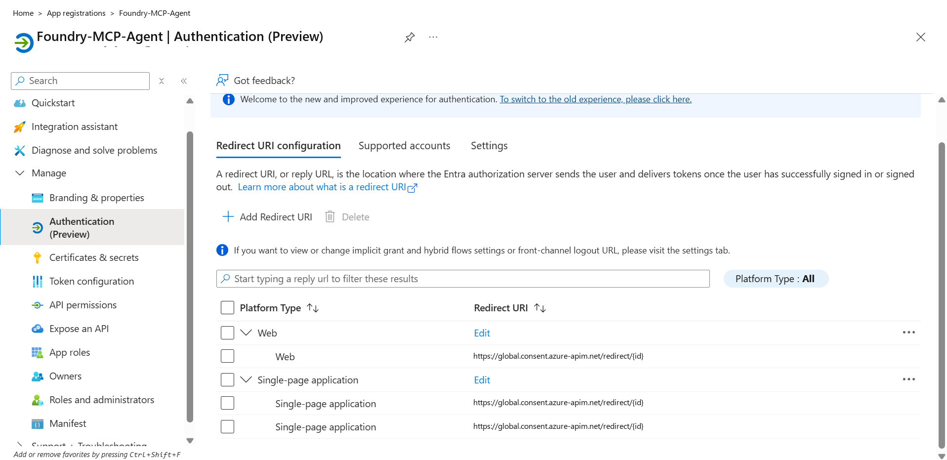 Figure 7: The app registration Redirect URI configuration blade with the consent redirect URI registered.