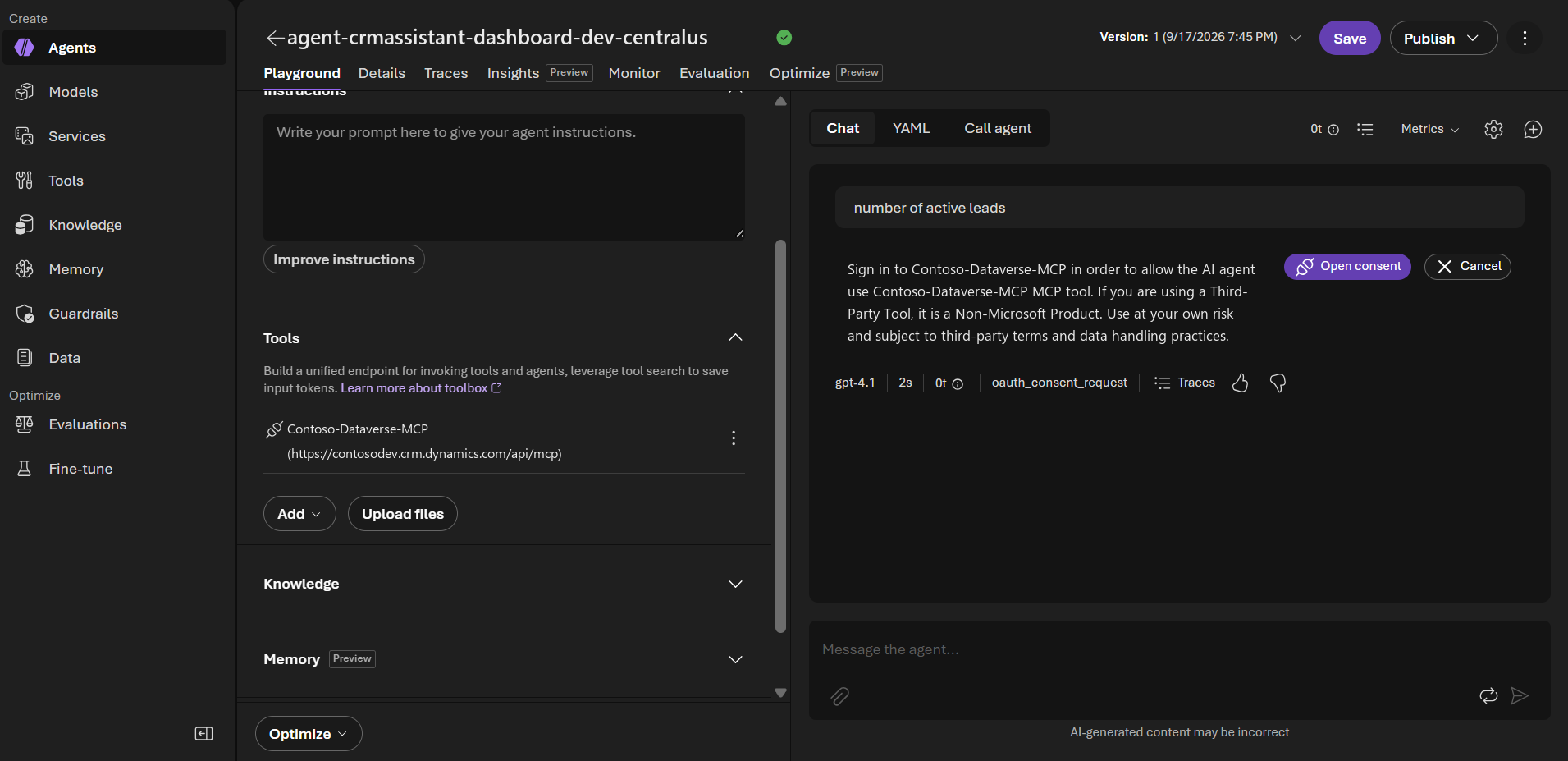 Figure 8: The Foundry playground returning an oauth_consent_request response with an Open consent button.