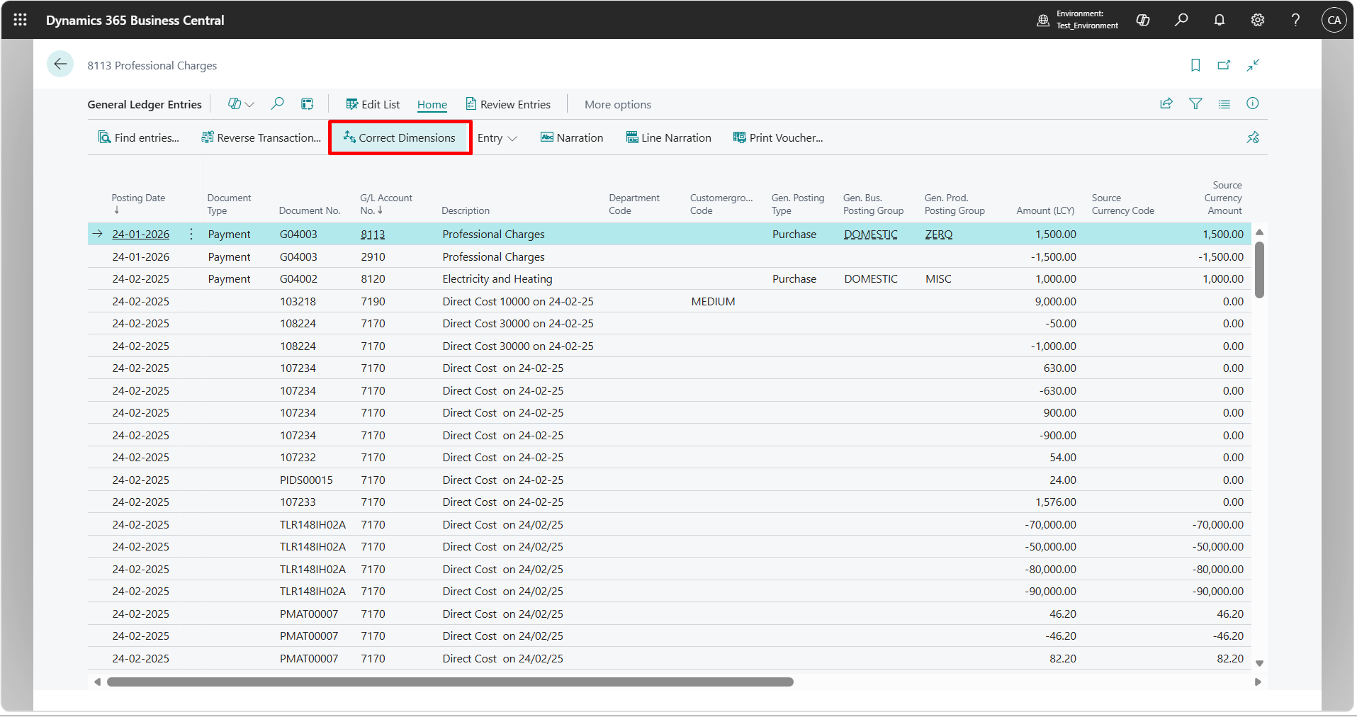 General Ledger Entries page showing the Correct Dimensions action.