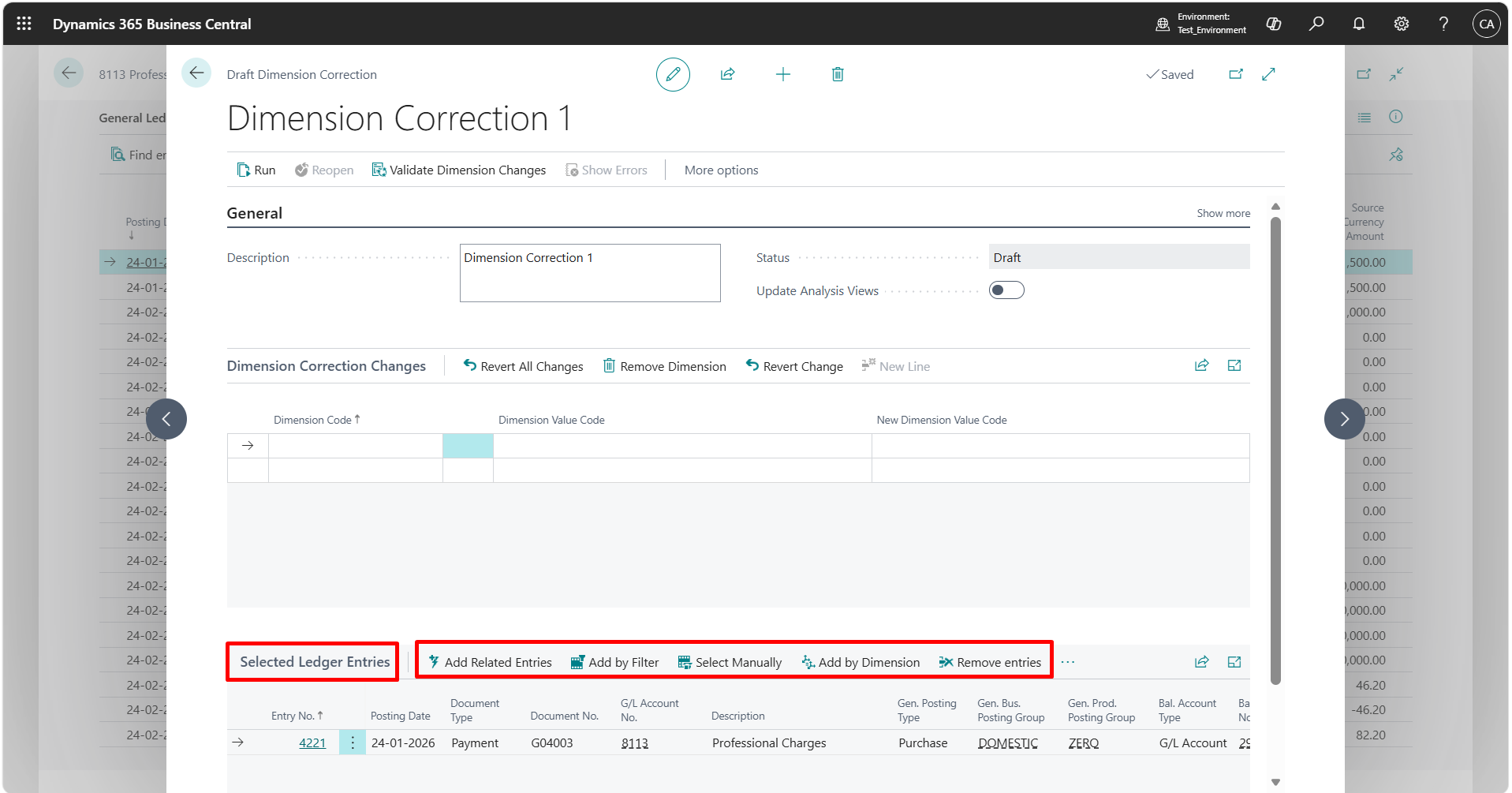 Selected Ledger Entries FastTab in Business Central showing the bulk-selection options