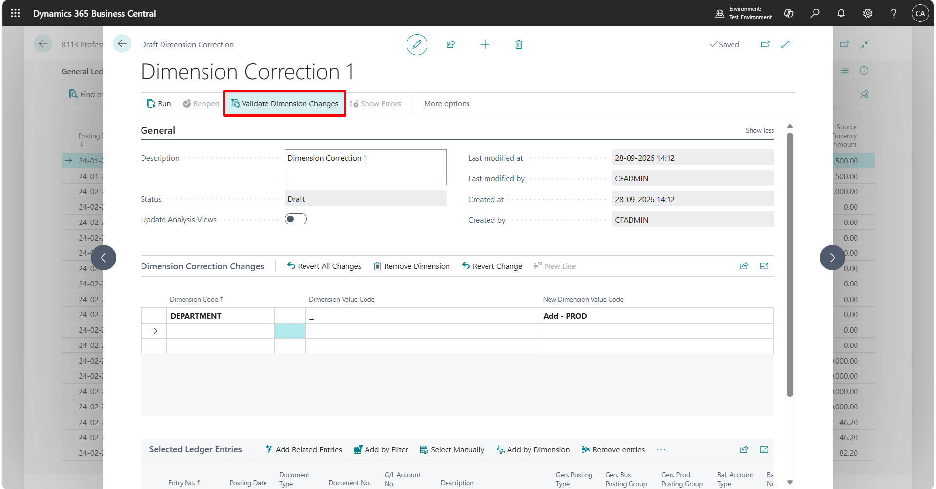 Dimension Correction validation screen in Business Central showing the validation status