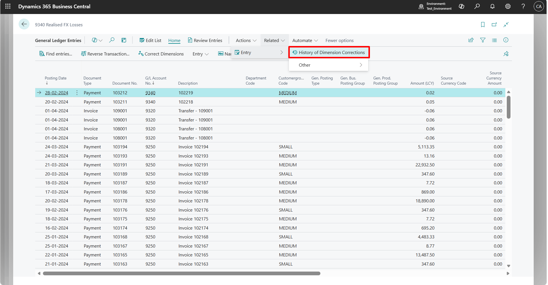 Dimension Correction history in Business Central showing the audit trail of applied corrections