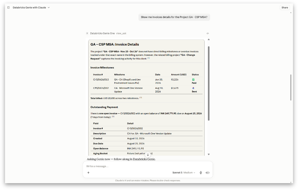 Databricks Genie with Claude showing invoice details for GA - CSP MSA project