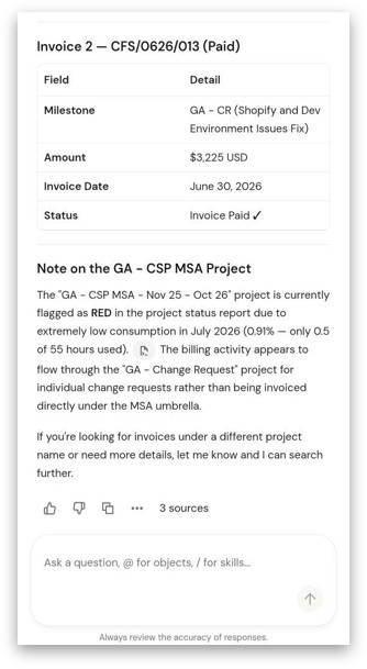 Databricks Genie mobile app showing outstanding invoice and project note