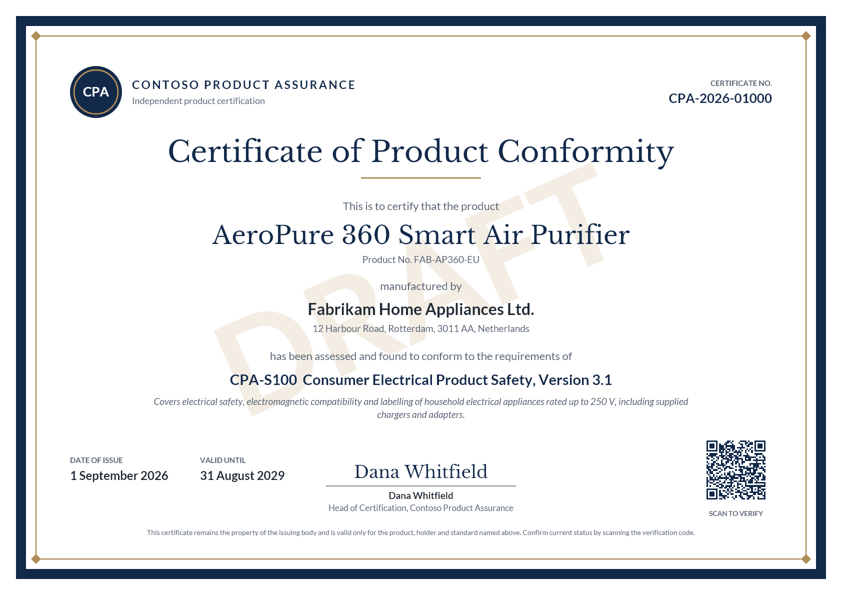 The same certificate rendered as a draft, with a diagonal DRAFT watermark