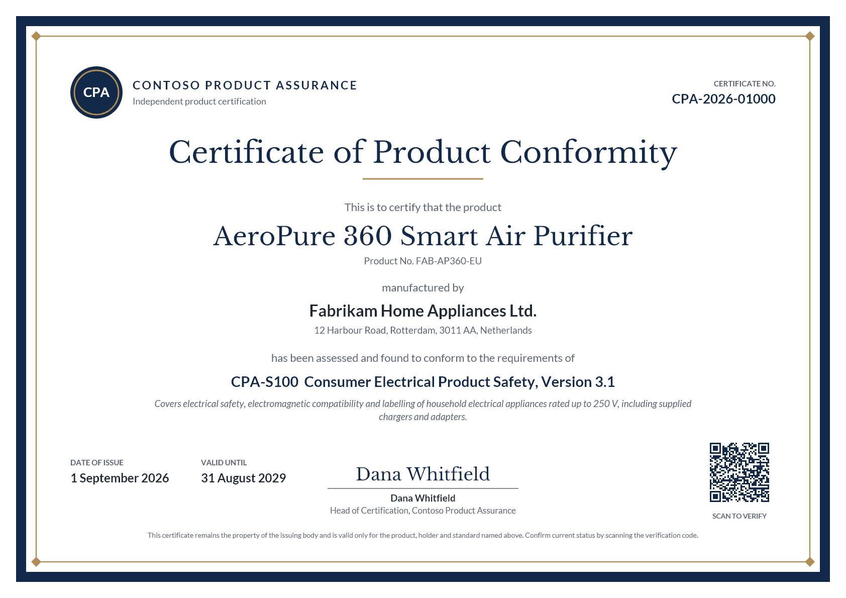 Generated product certificate for the AeroPure 360 Smart Air Purifier, certificate number CPA-2026-01000