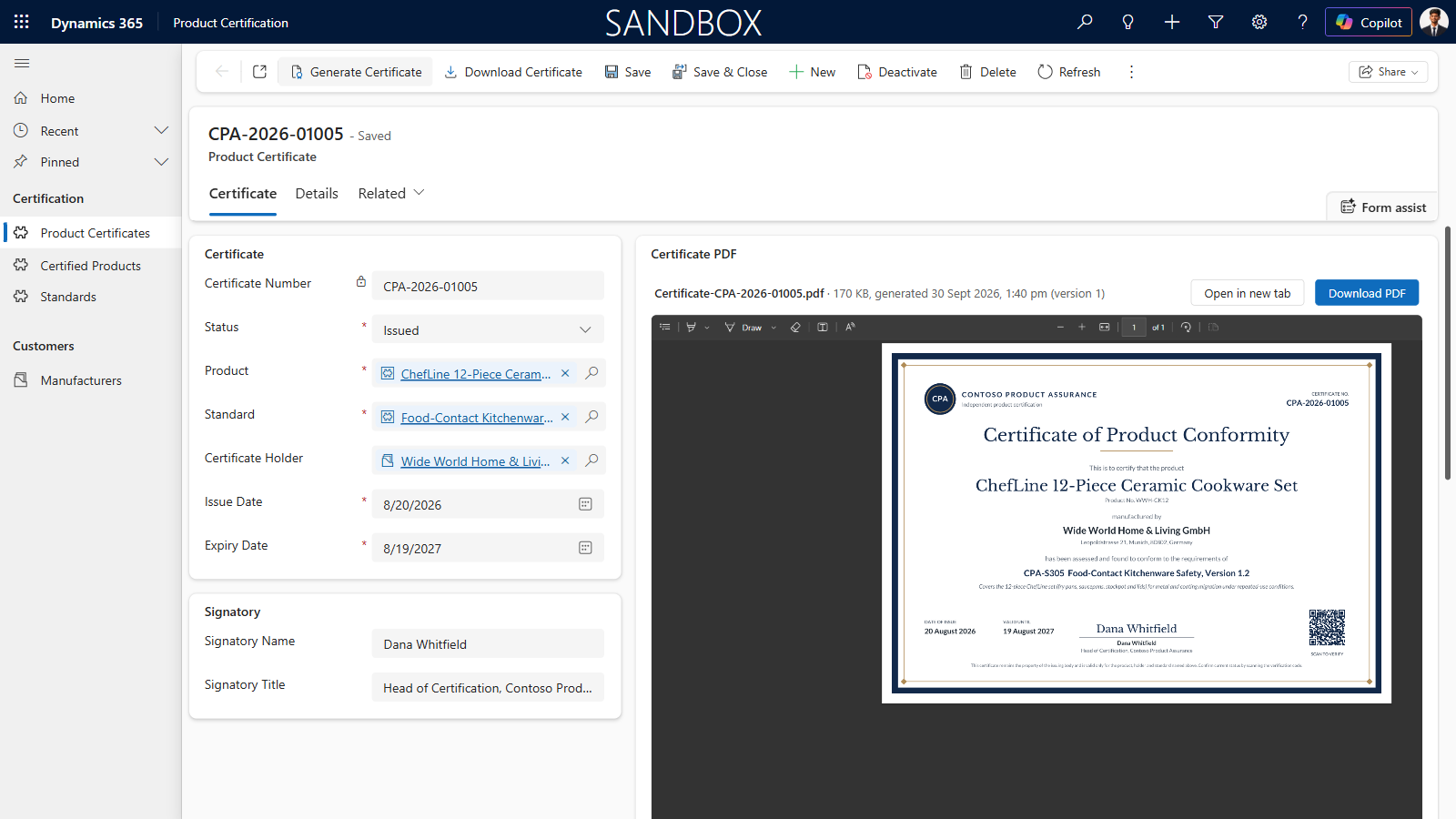 Dynamics 365 Product Certificate form with Generate Certificate and Download Certificate on the command bar and the generated PDF shown in the preview panel