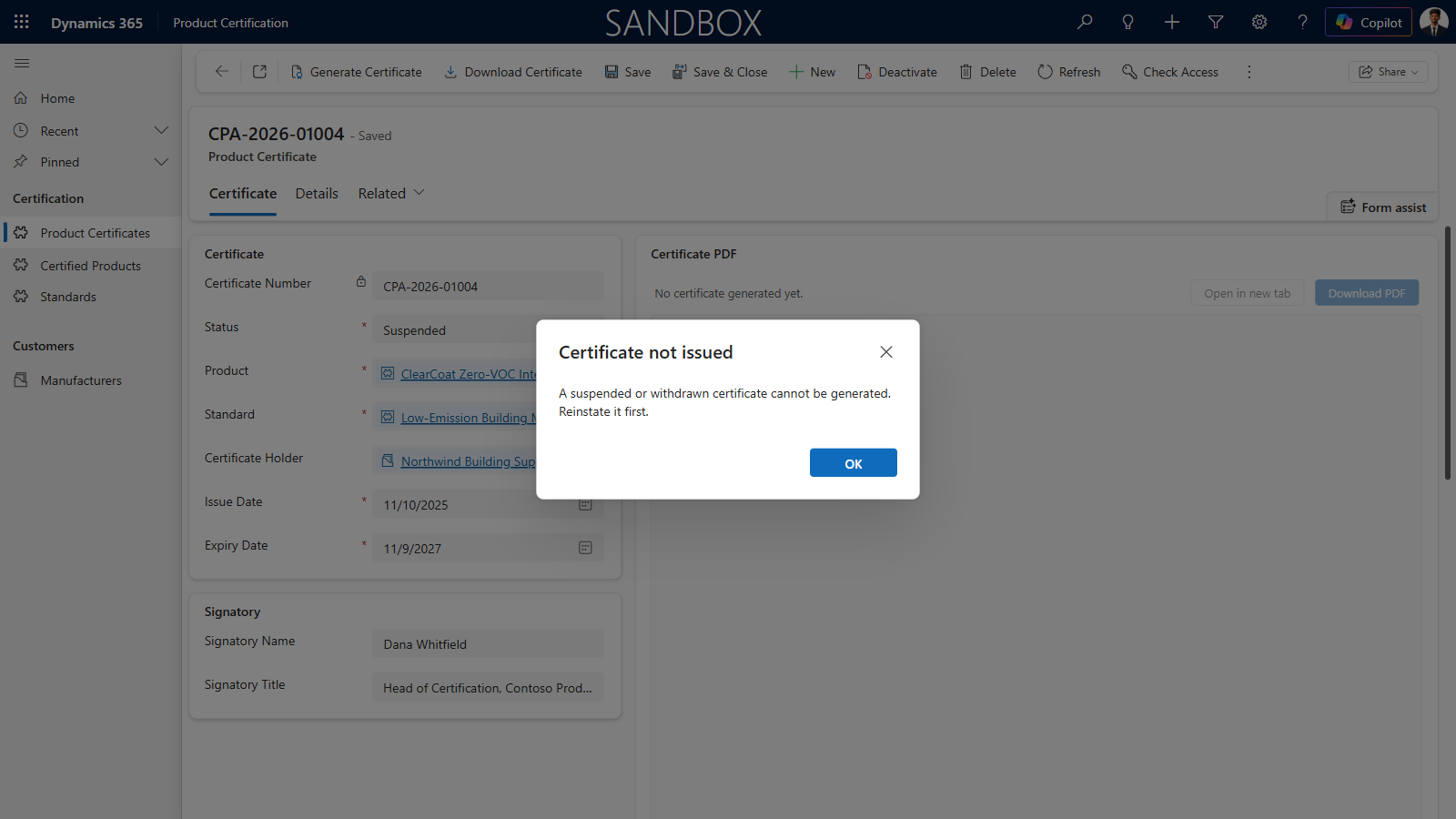 Dialog in Dynamics 365 saying a suspended or withdrawn certificate cannot be generated