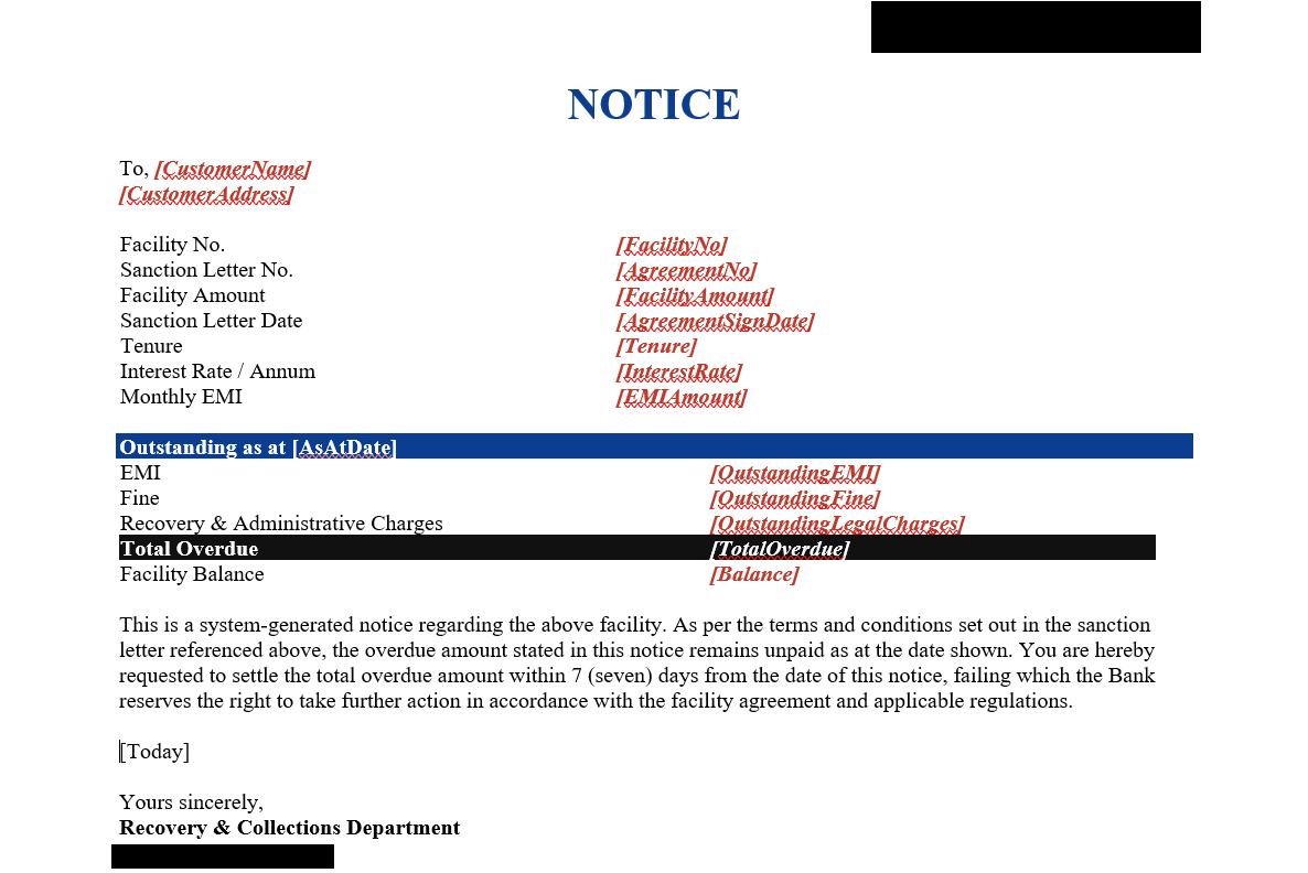 Sample legal report template in Word with customer name, facility number, EMI, outstanding balance, and standard legal clauses laid out with placeholder fields
