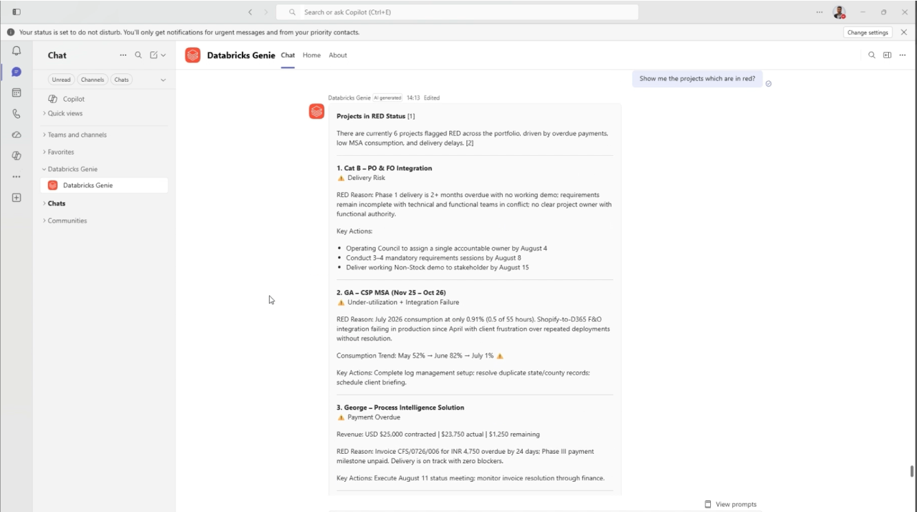 Databricks Genie in Microsoft Teams showing RED projects across the portfolio