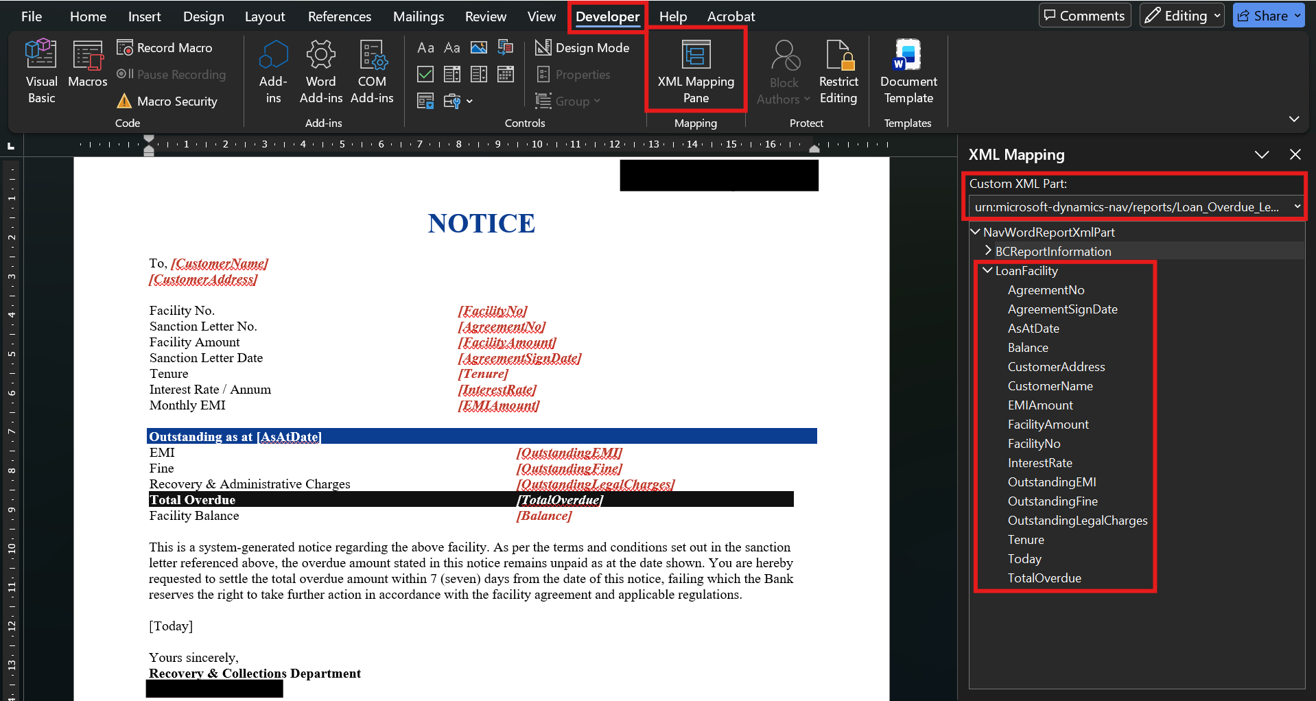 XML Mapping pane in Word showing the LoanFacility fields with CustomerName, FacilityNo, EMIAmount, OutstandingEMI, TotalOverdue and more mapped to the Business Central data source