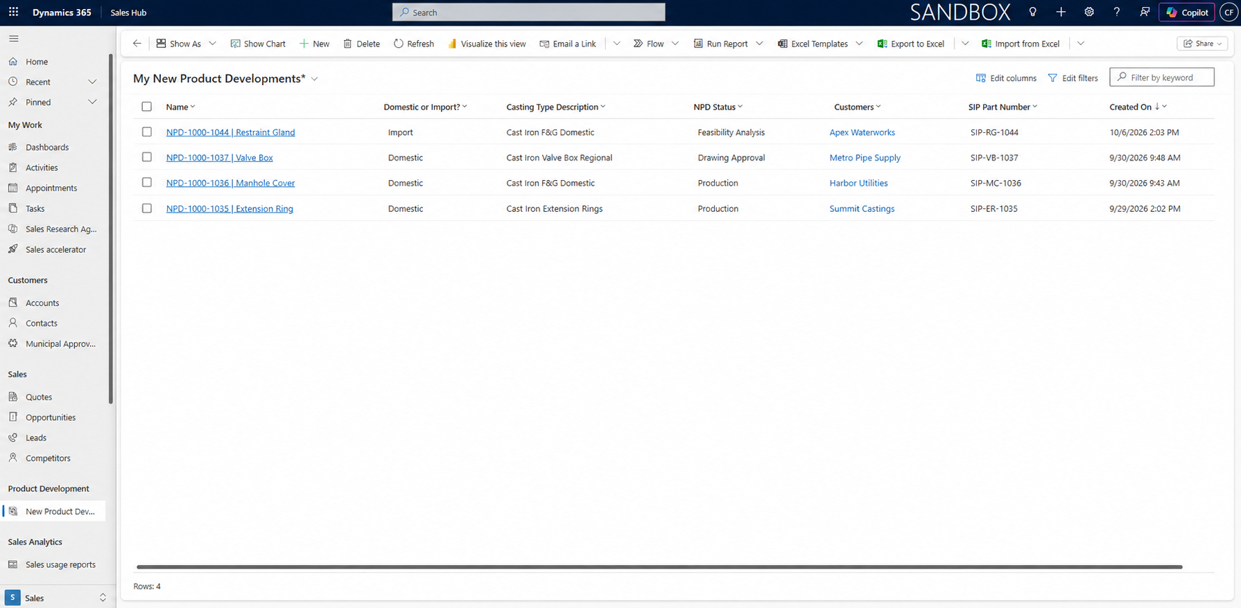 New Product Development records view in Dynamics 365