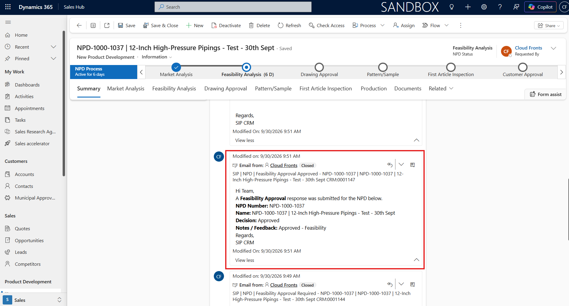 Approval confirmation email shown in Dynamics 365 after the approver submits the form