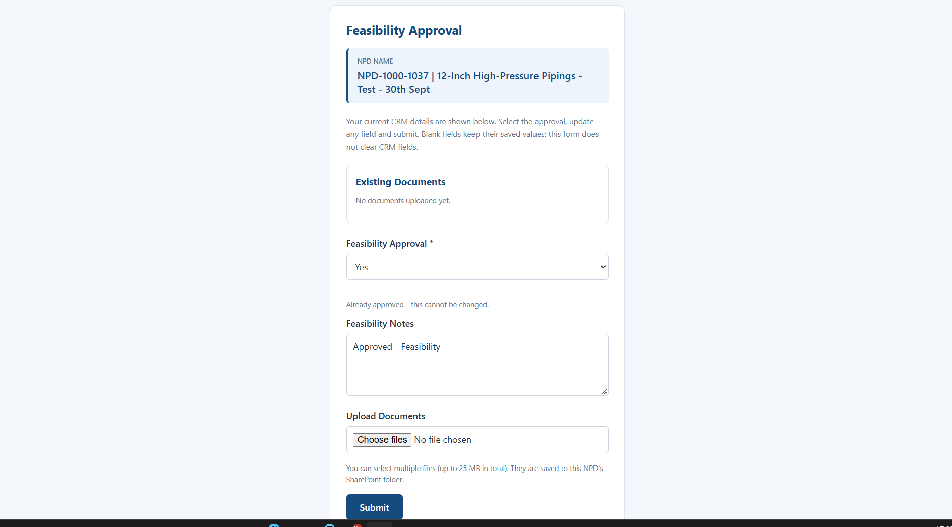 Pre-filled Feasibility approval form opened from the email button