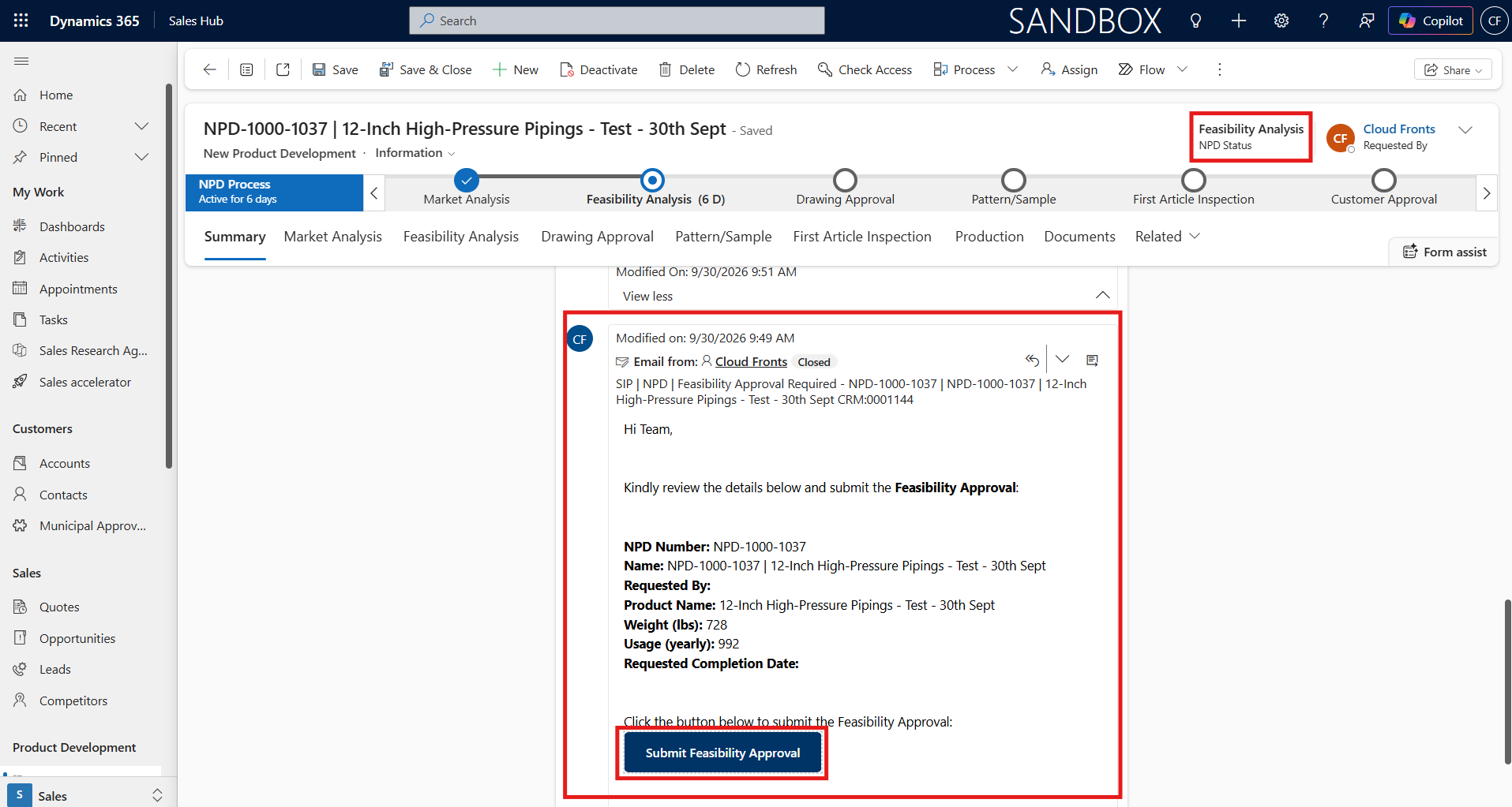 Approval request email tracked as an activity on the NPD record in Dynamics 365