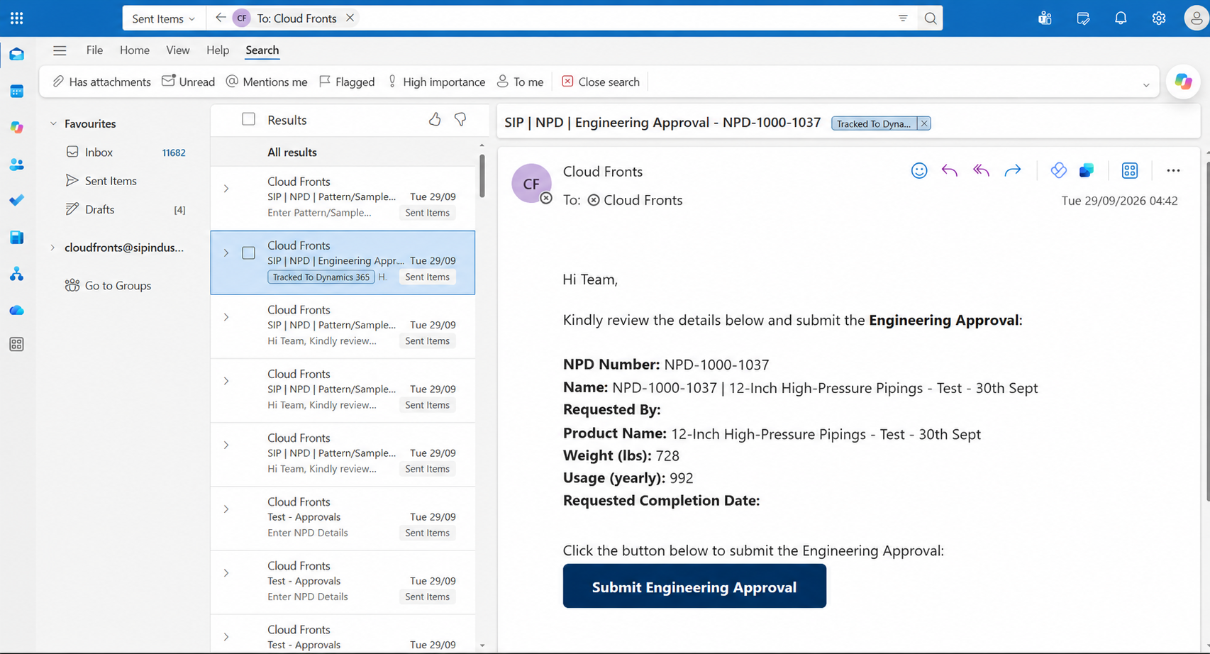 Engineering approval request email in Outlook with a single approval button