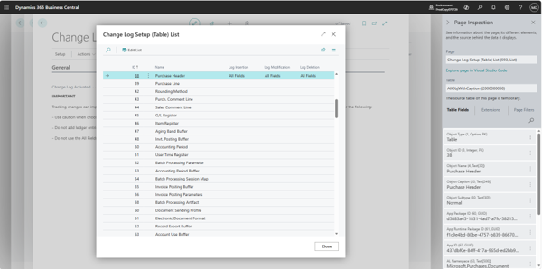 Change Log Entries showing the deletion of the test invoice with user, date, time and field values