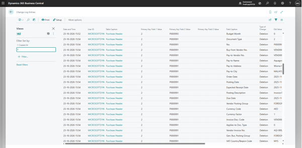 Change Log Setup (Table) page with Purchase Header set to log insertions, modifications and deletions
