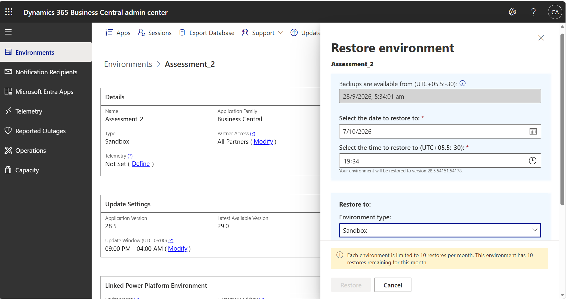 Business Central Admin Center restore dialog with a point in time and the Sandbox type selected